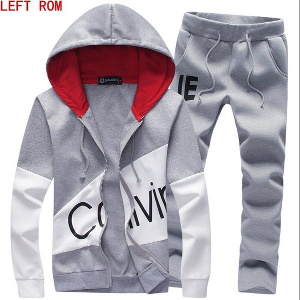 

new 2 pieces spring autumn hoodie sweater jacket+ joggers sweatpants man printing suits sportwear tracksuit grey black color, Gray