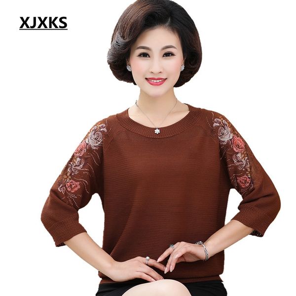 

xjxks festive sweater mother knit shirt middle-aged women spring and autumn vintage embroidery batwing sleeve thin sweaters, White;black