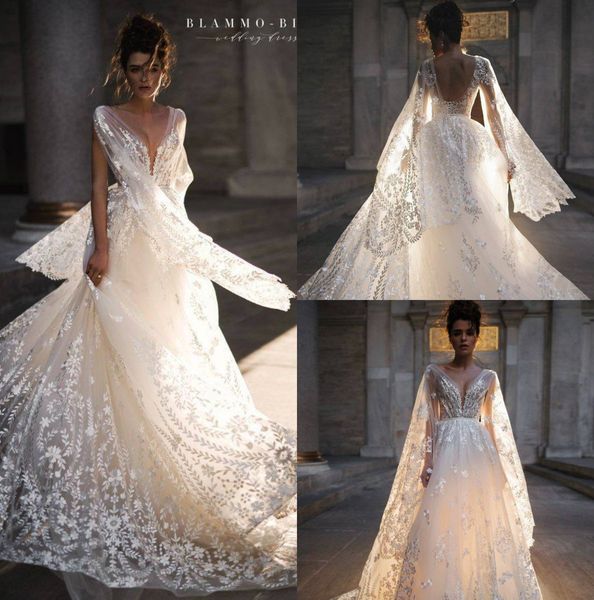 

2019 bohemian wedding dresses deep v neck backless a line appliqued lace beach wedding dress with wrap plus size boho bridal gowns, White