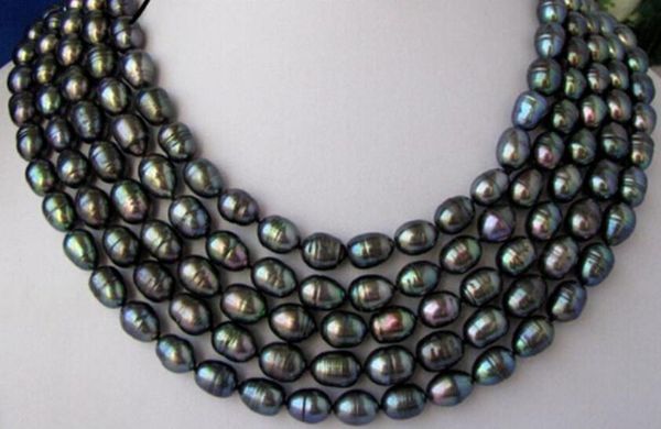 

ll<<<100" 12mm black baroque rice freshwater pearl necklace, Silver
