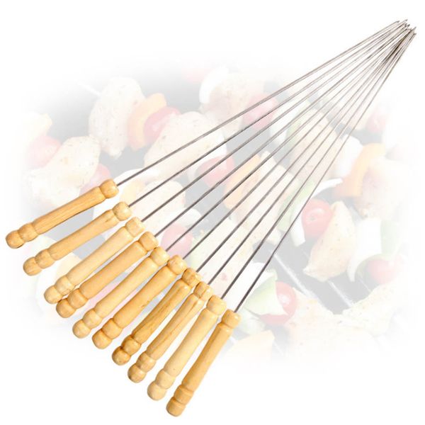 

stainless steel camping barbecue wood handle 35 cm length round barbecue skewers adjustable roasting bbq tools more size