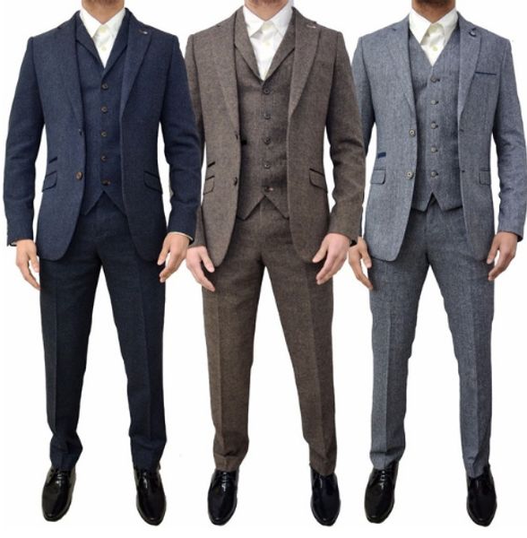

2018 new men uit 3 piece de igner retro tweed herringbone groom lim tailored fit uit gray blue brown plu ize cu tom