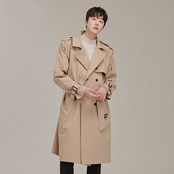 

men long paragraph casual trench coat 2018 new autumn male loose double-breasted windbreaker cardigan jacket outerwear overcoat, Tan;black