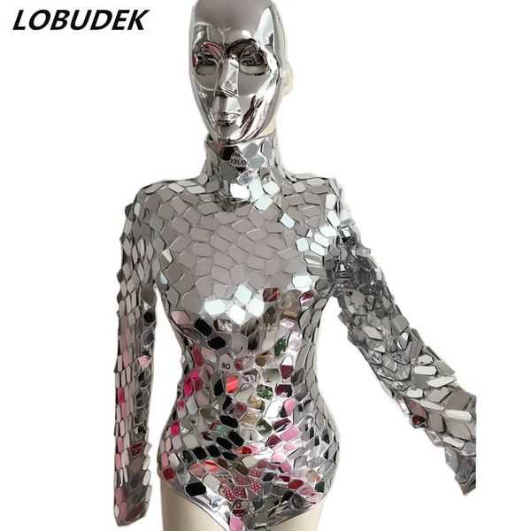 

reflective mirror bodysuit silver sequins jumpsuit nightclub female dj singer stage outfit jazz dance costume machine dance performance wear, Black;white