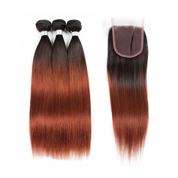 

colored peruvian virgin hair 1b/33# auburn brown hair extensions with closure straight ombre human hair weave bundles with lace closure, Black;brown