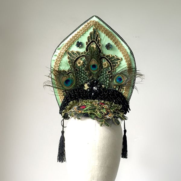 

handmade cosplay hair accessories crown peacock feather headband embroidery tassels headpiece party halloween headdress, Silver