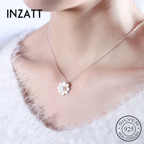 

inzatt elegant pearl flower choker pendant necklace authentic 925 sterling silver fine jewelry for women cute accessories gift