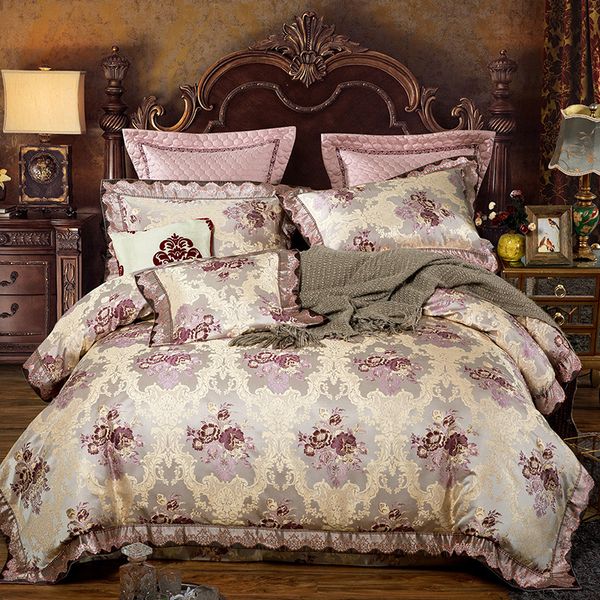 2018 Mauve Luxury Floral Bedding Set Silk Cotton Jacquard 4 Queen