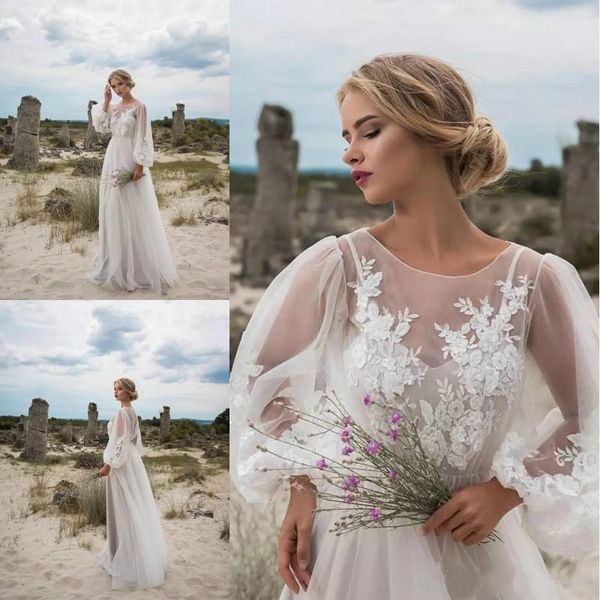

romantic vestido de novia bohemia appliques bridal gowns tulle scoop floor length wedding dresses with long sleeves beach bride gown, White