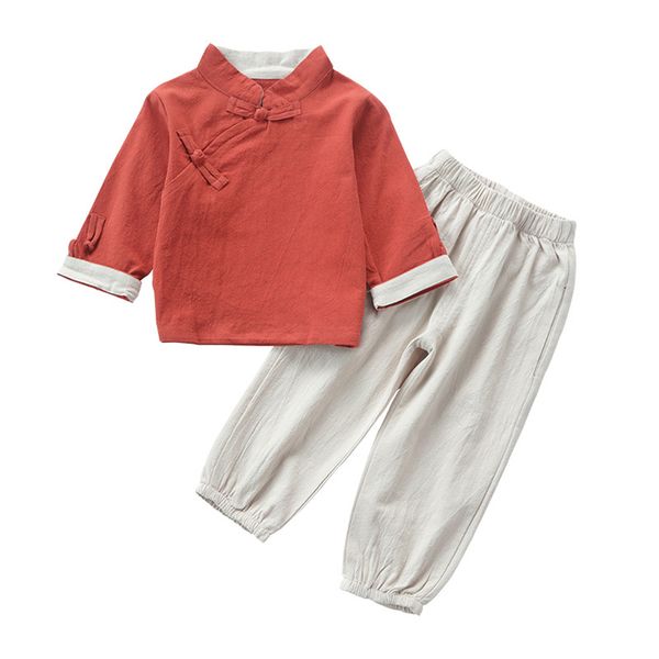 Costumi tradizionali cinesi 2 pezzi Set di abbigliamento per bambini per ragazzi Ragazze a maniche lunghe in cotone solido Hanfu Tang Suit per bambini