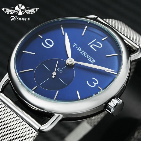 

2018 fashion ultra thin winner mechanical watches men silver steel strap working sub-dial male blue wristwatch, Slivery;brown