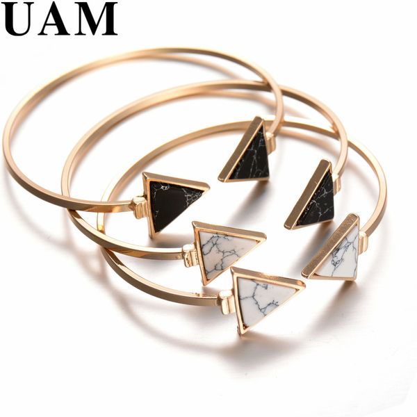 

whole sale2017 new gold tone punk trendy white black triangle faux marbleized stone cuff bangle bracelet for women fashion jewelry