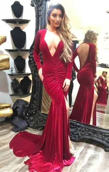 

deep v-neck long sleeves mermaid burgundy prom dress long plus size custom made velvet backless evening gowns party dress for women, Red