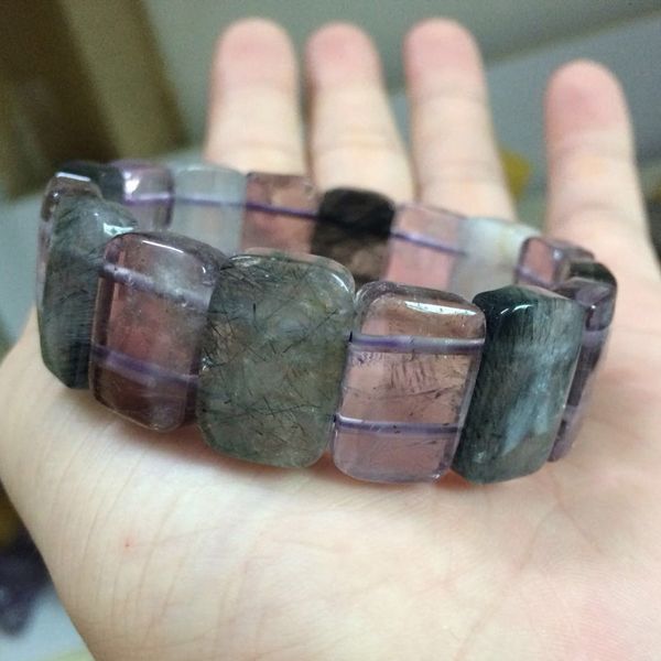 

natural stone beads bracelet : green rutilated quartz & amethyst stone bangle for woman for man wholesale, Golden;silver