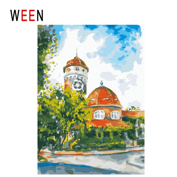 

ween town sky diy painting by numbers abstract street oil painting on canvas tree house cuadros decoracion acrylic wall art gift