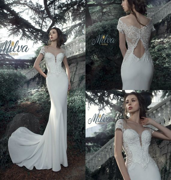 

milva свадебные 2019 свадебные платья v шеи кружева аппликация с коротким рукавом свадебное платье развертки поезд иллюзия лиф русалка сваде, White