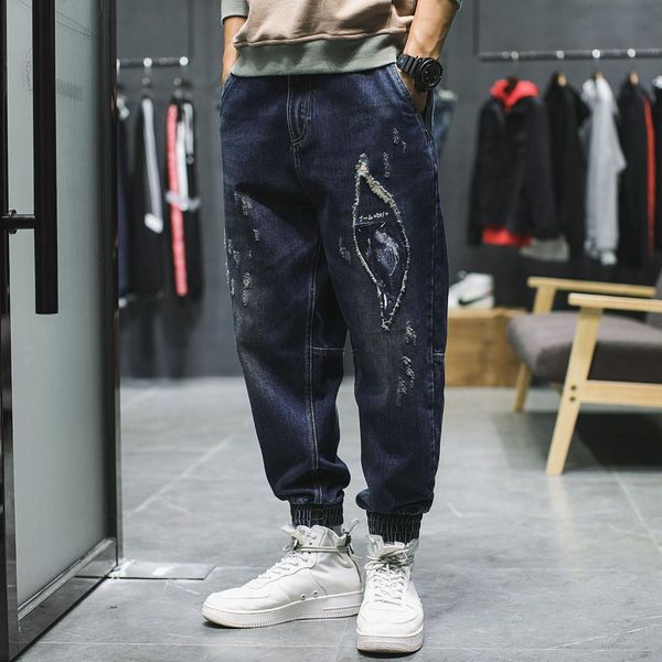 

autumn winter men ripped denim jeans bleach casual patchwork washed full-length cowboy stretch pencil pants male distressed, Blue