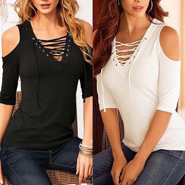 

wholesale- zanzea blusas 2017 women casual lace up hollow out v neck blouse off shoulder half sleeve slim summer plus size shirts, White