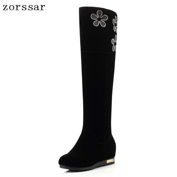 

zorssar} fashion flower faux suede flat heel women knee high boots winter warm short plush inside snow boots women high, Black