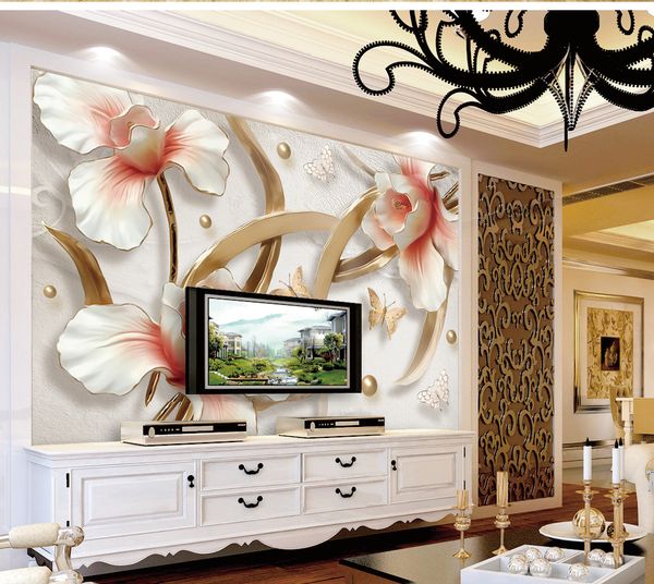 

пользовательские розничная 3d три цветы нежный и красочный бабочка летать танец крытый тв фон настенная роспись украшения стены