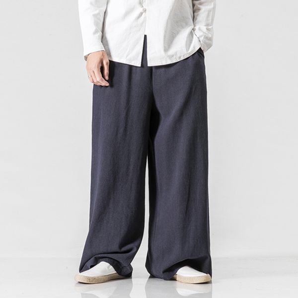 

male wide leg pant men elastic waist straight causal pants solid cotton linen loose dancing trousers oc3z, Black