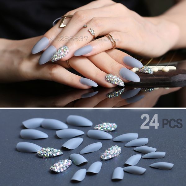 

matte gray press on nails bling nail art false short pointed soft fake stiletto nails full cover with jelly glue 24pcs, Red;gold