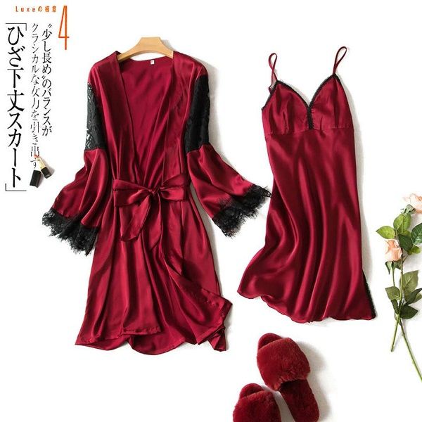 

2018 new spring summer women silk robe gown set lace robe & nightdress 2pcs sleepwear luxury nightwear leisure home suit, Black;red