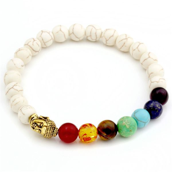 

8mm white stone black lava beads 7 chakra healing balance buddha bracelet yoga