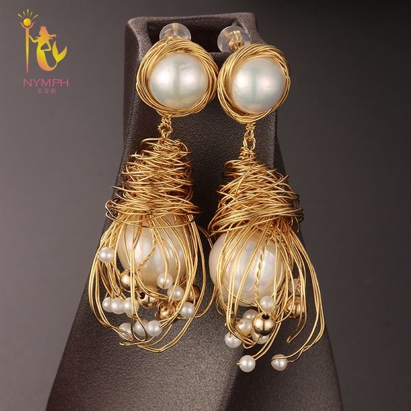 

nymph] fine jewelry long tassel pearl earrings natural big baroque pearl drop earrings for women party e346, Golden;silver