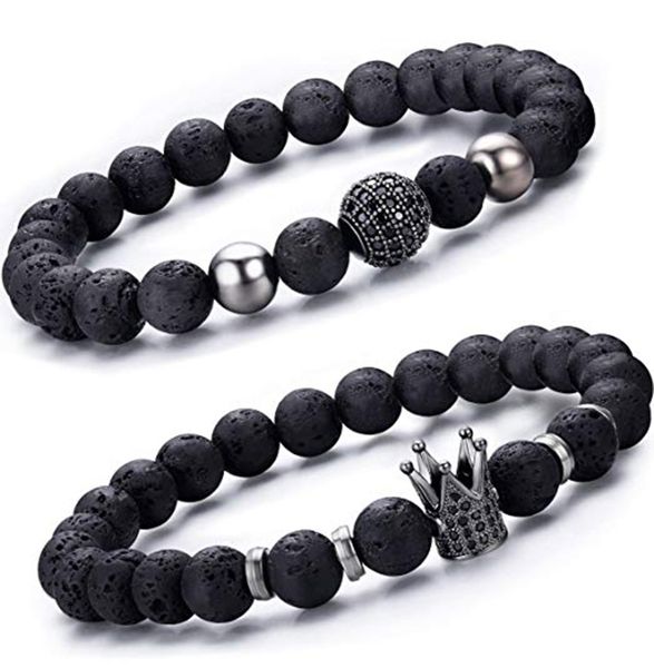 

2 pcs/set black lava stone crown bracelet set luxury cz paved couple braslet for men armband jewelry accessories pulseras hombre