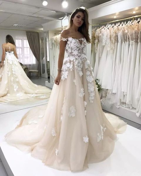 

3d цветочные аппликации берта свадебные платья линии слоновой кости с плеча плюс размер свадебные платья тюль vestido де новия, White