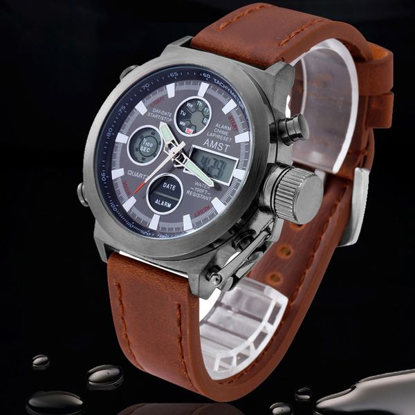

waterproof fashion multifunction men sport watch men's quartz watches hour date clock leather strap wristwatch gift for boys, Slivery;brown