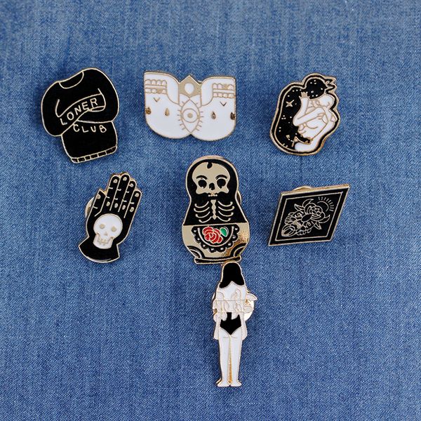 

vintage jewelry evil hard enamel pins punk lapel pin skeleton skull palm totem introvert loner brooch button clothes bag badges, Gray