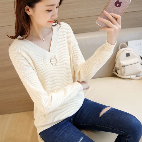 

autumn and winter new knit female korean women's v-neck knit bottoming shirt female autumn fashion sweater coat, White;black
