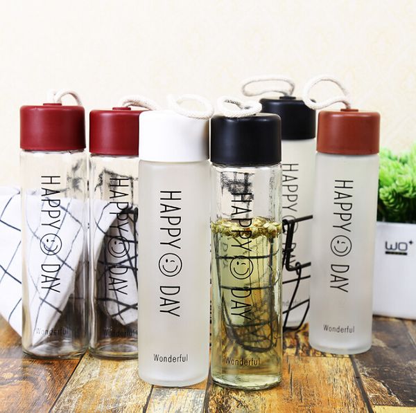 Acheter Bouteille Deau En Verre Dépoli Créatif Smiley Verre Verre Deau Personnalisé Portable Mode Cadeau Tasse Corde Corde Main Coupe Logo De 463