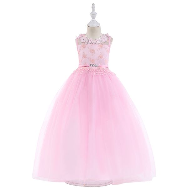 

girls pink dress backless wedding dress long skirt flower puff princess long dress, Red;yellow