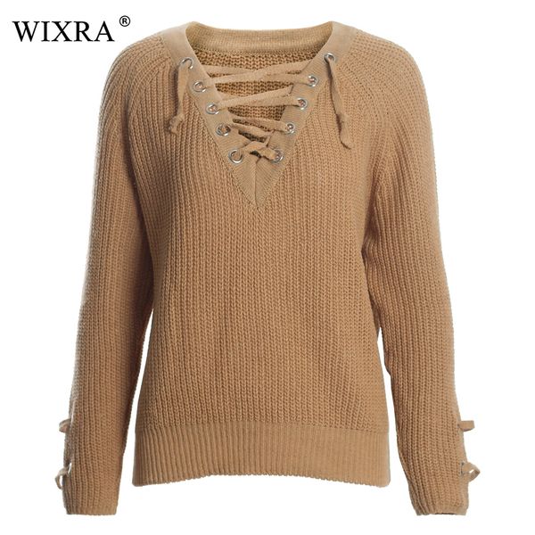 

wixra 2018 autumn winter casual solid sweaters knitted long sleeve sweaters wommens clothing v-neck lace up, White;black