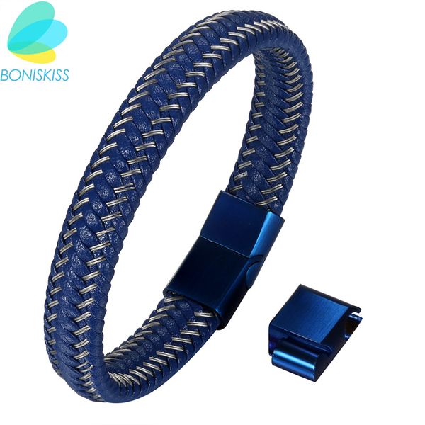 

boniskiss new rock bracelets & bangles stainless steel leather bracelet men jewelry punk men bracelet blue fashion, Black