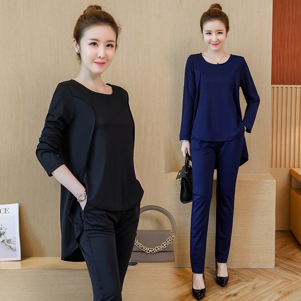 

plus size l-5xl elegent two piece women set casual t-shirt and pant women suit 2018 autumn solid black pants sets ws67, Gray