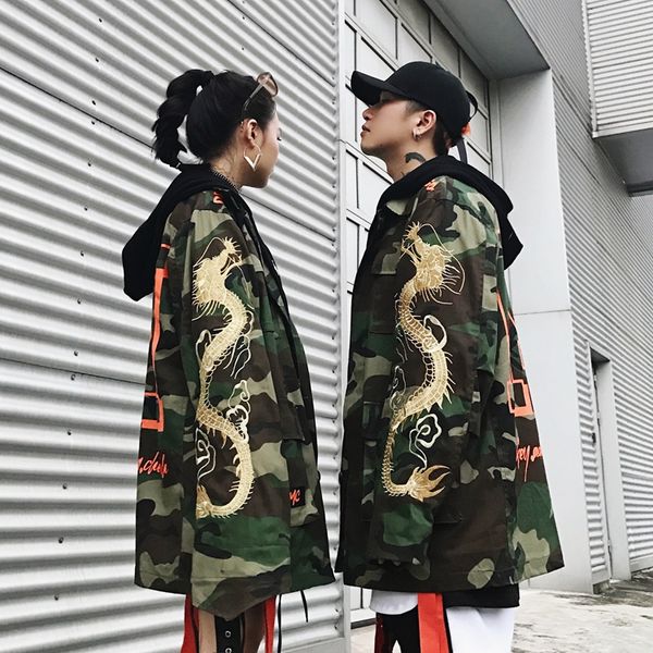 

men's trench coats oversize dragon embroidery camo long coat men, Tan;black
