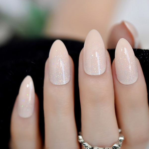 

glitter nude color unique nail art tips rainbow holo powder nail art design tips stiletto shape with glue sticker, Red;gold