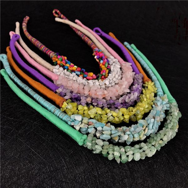

fashion personality natural stone necklace bohemia style multi color hand knitting natural gravel stone women choker necklaces, Golden;silver