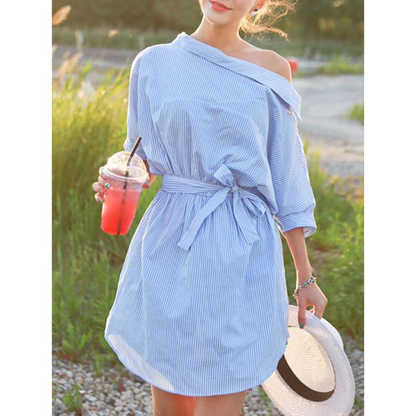 Casual Kleider Mode Frauen Streifen Hemd Sommer One-Shoulder Asymmetrische Nette Kleidung Kleid