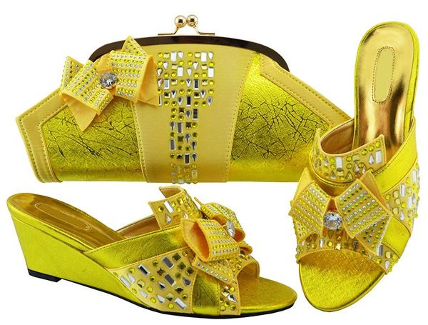 

Charming yellow bowtie women shoes with big crystal for dress african shoes match handbag set MM1072