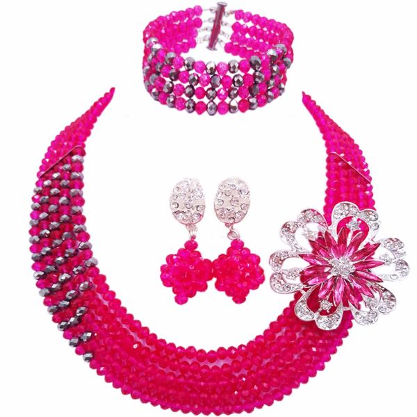

wholesale 12pcs fuchsia pink silver multi strands statement necklace african wedding beads nigerian jewelry set crystal 5jz13, Slivery;golden