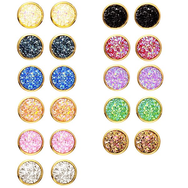

мода 12 мм смолы druzy drusy круглые серьги золотой цвет блеск ручной работы стад для женщин ювелирные изделия, Golden;silver