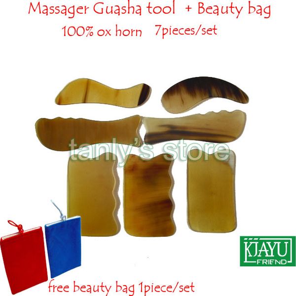 

good quality massage guasha tool woman beauty scraping plate 100% ox horn (1"s" 1"c" 2 fish 3 square) 7pcs/set