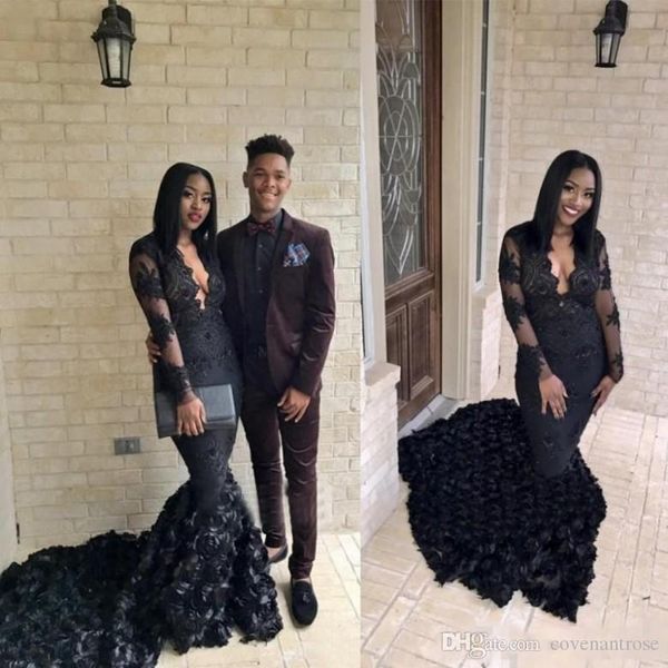 

2018 New Arabic Black Girl Prom Dresses V Neck Evening Wear Long Sleeve Mermaid Lace Appliqued Flower Modest Party Gowns