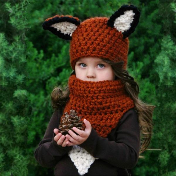

baby girls boys fox knitting caps scarf set cartoon kids winter fox wool cap ins children knitted fox neckerchief hat, Yellow