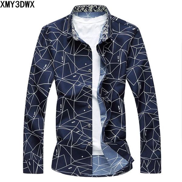 

new 2017 men's printed long sleeve shirt slim business leisure shirt plus size 5xl 6xl 7xl male casual brand, White;black